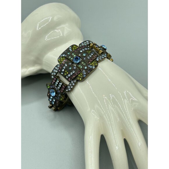 Heidi Daus Colorful Art Deco Style Bracelet Crystals Pave Wide Panel Links - Picture 8 of 9